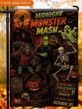 Midnight Monster Mash Halloween Garden Flag Ghost Witch Frankenstein Werewolf
